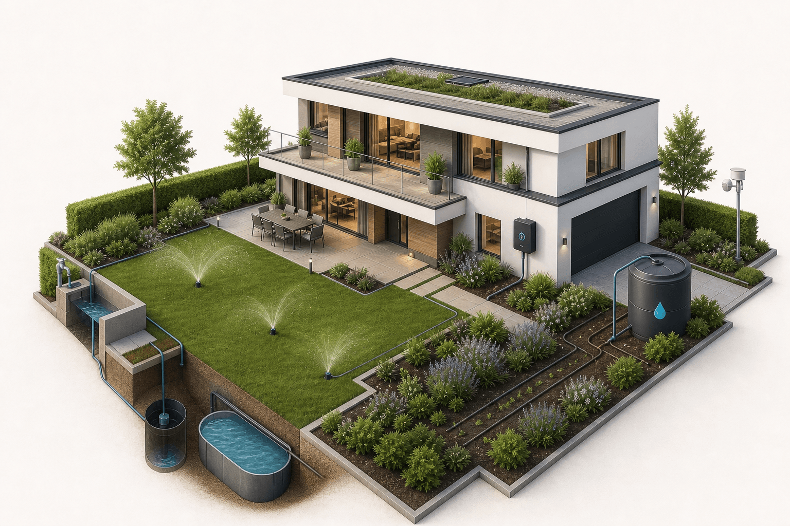 Isometrische Darstellung eines Hauses mit Garten und smarter Bewässerungsanlage