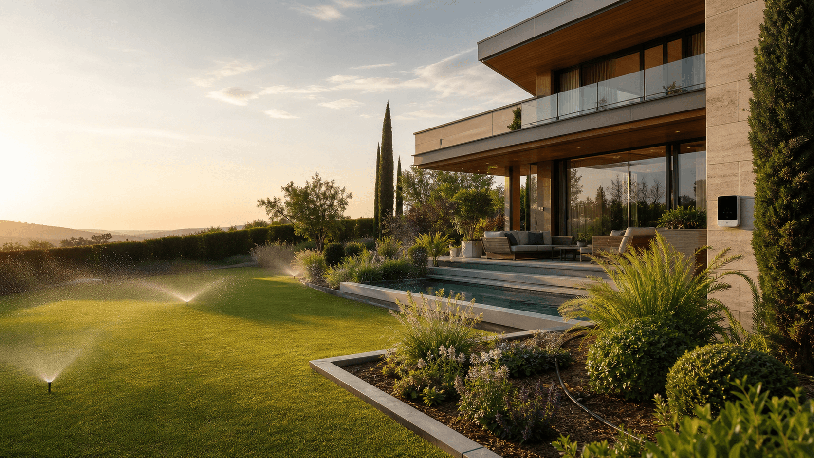Modernes Haus mit Pool und smarter Gartenbewässerung bei Sonnenuntergang