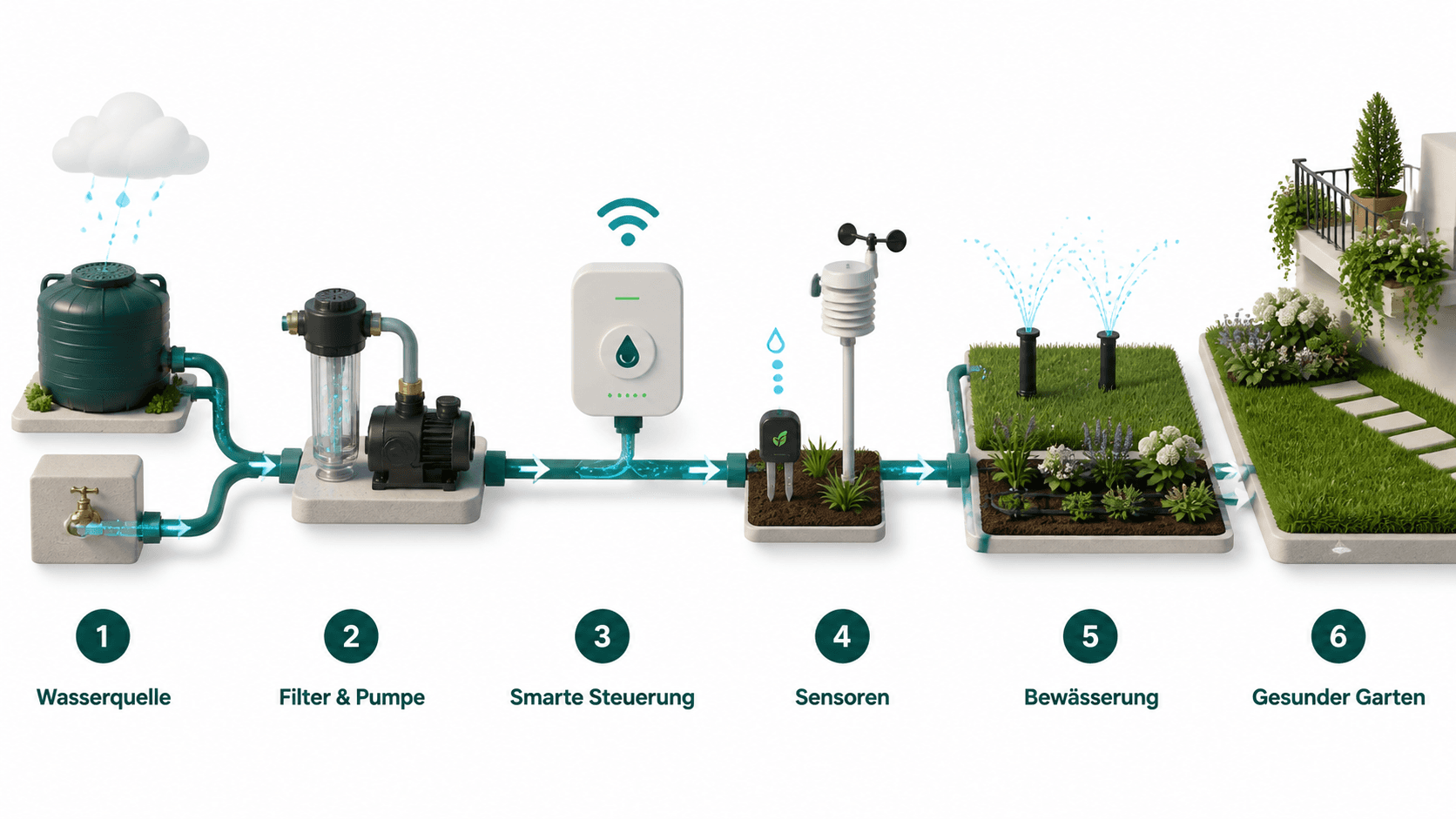 Schema: Wasserquelle, Filter & Pumpe, Smarte Steuerung, Sensoren, Bewässerung, gesunder Garten